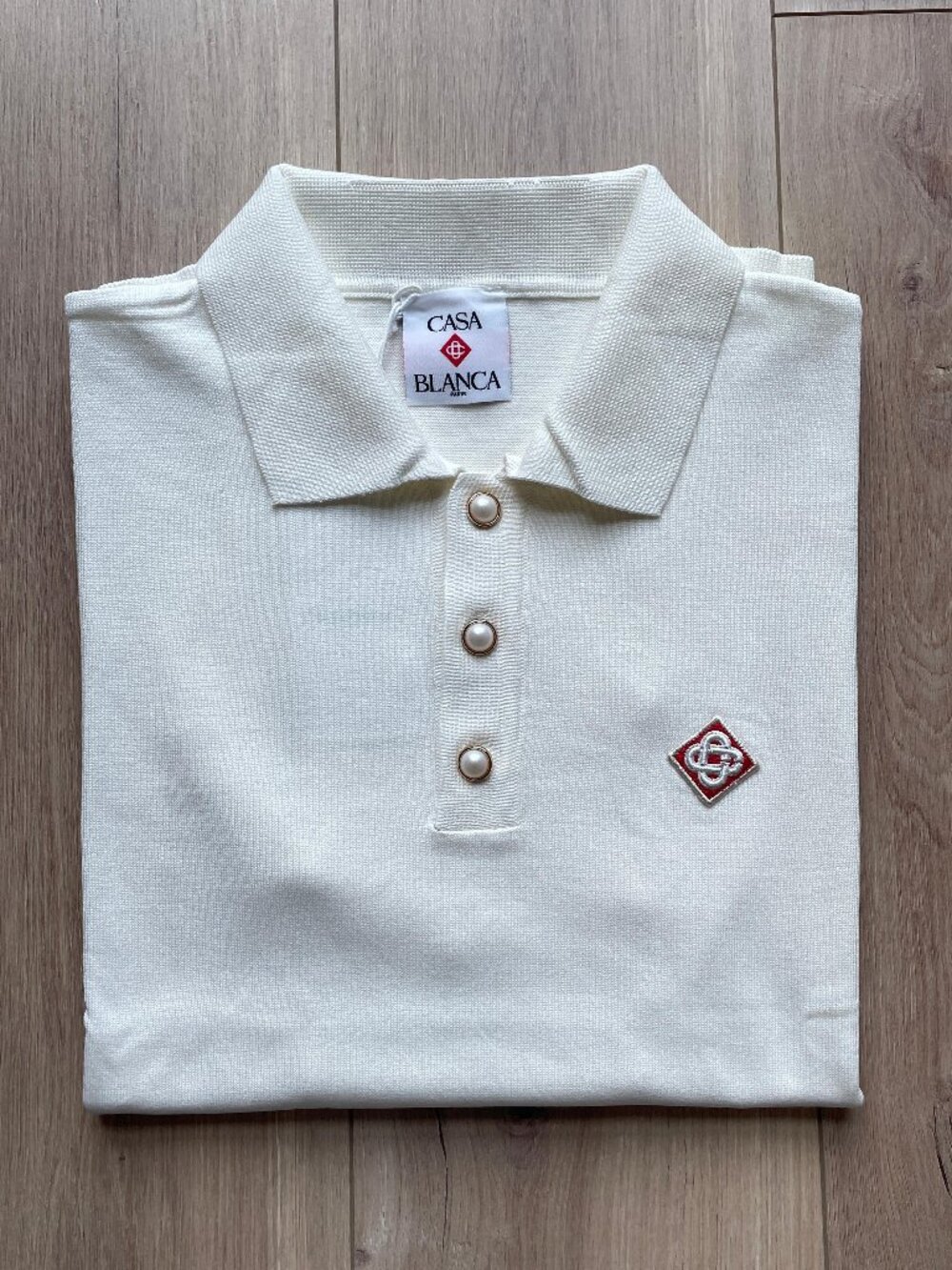 Casablanca Men's Knit Polo Shirt White Short Sleeve Pearl Buttons Size L